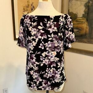 WHBM Floral Black/Purple Flowy Short Sleeve Top Size XS